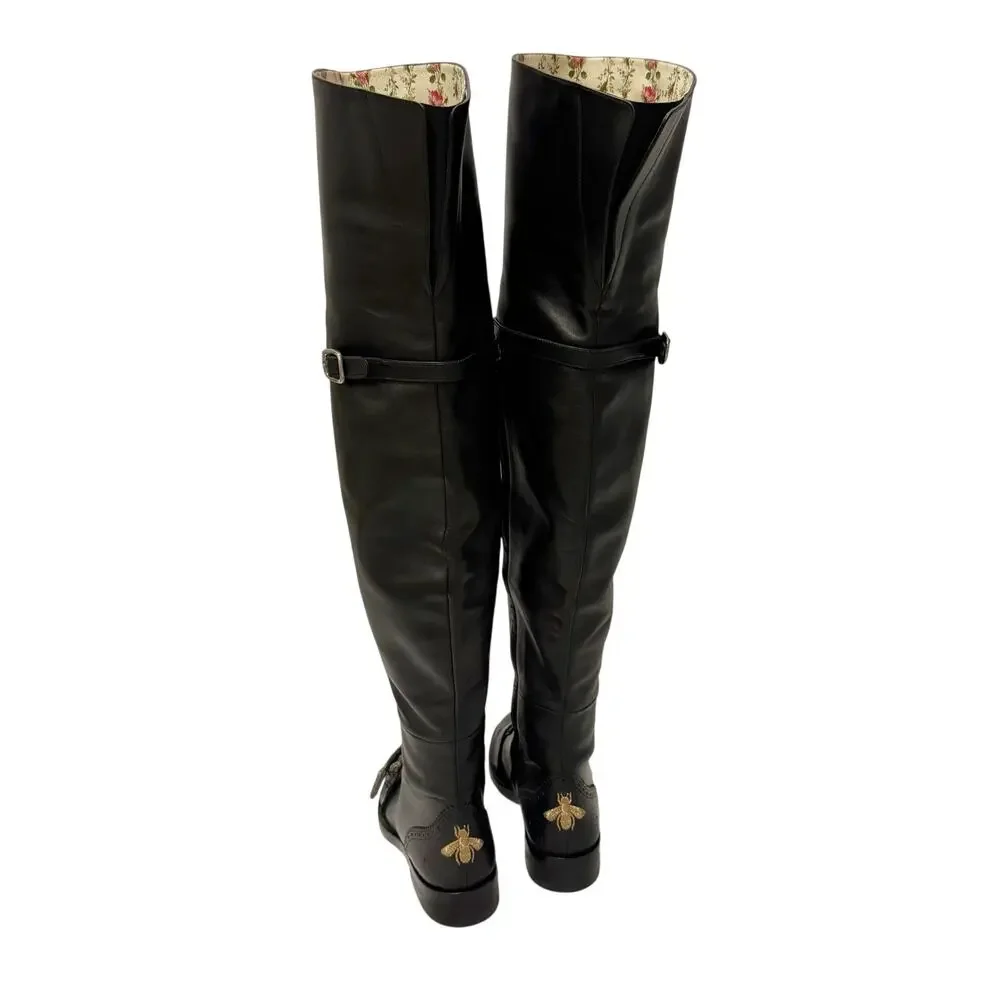 Gucci Dionysus Thigh High Boots 38 Black Leather Bee Brogue Alessandro Michele